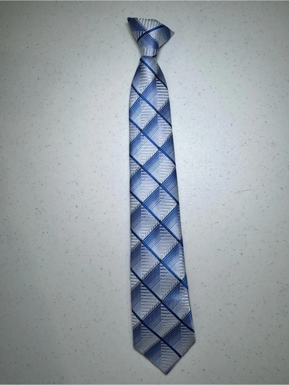Boys Blue Silver Geometric Plaid Clip-On Necktie Pre-Tied Formal Dress Tie 14